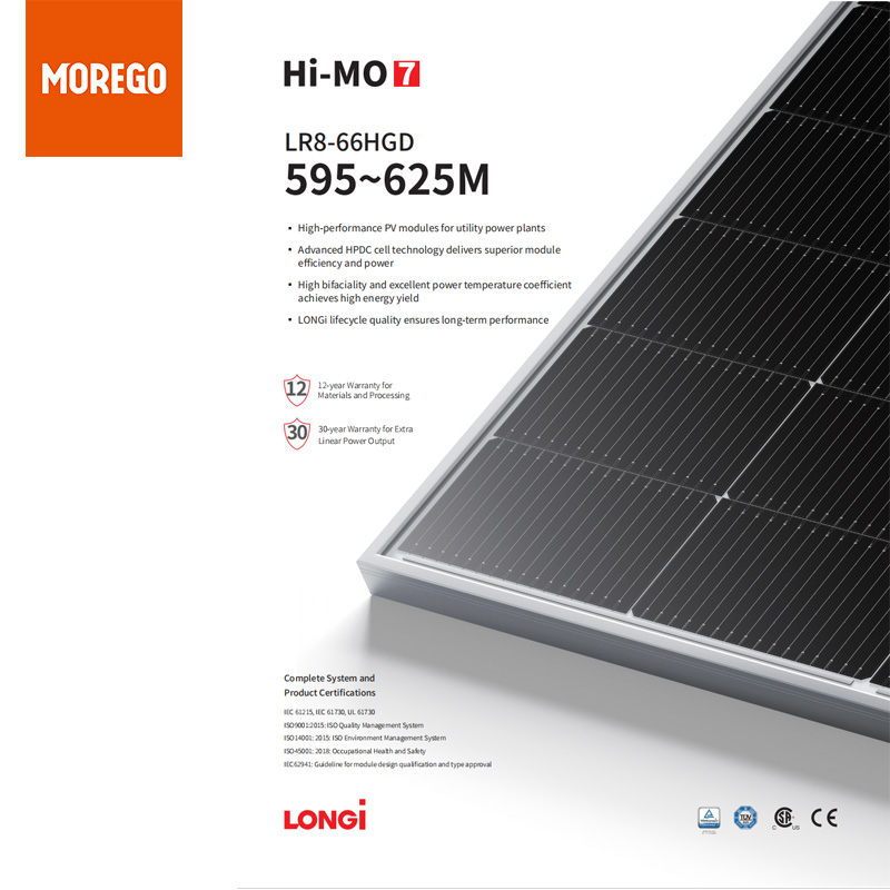 Panel solar bifacial de doble vidrio Longi Hi-MO 8 LR8-66HGD 600W 605W 610W 615W 620W 625W